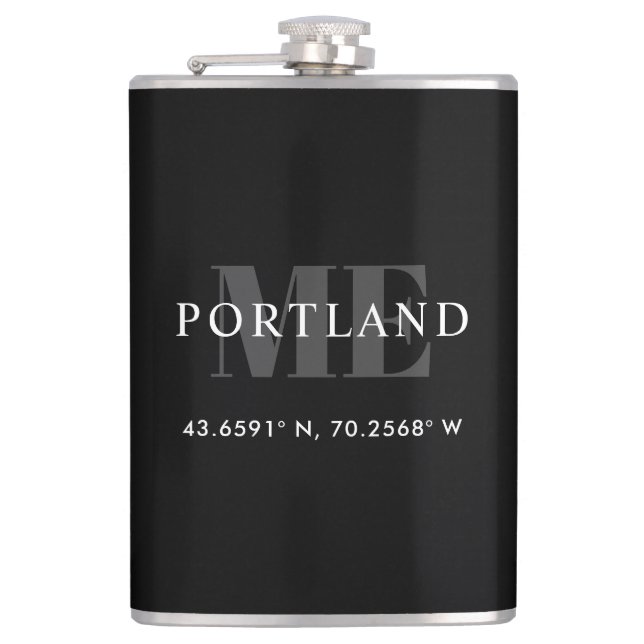 Black Custom City Coordinates Latitude Longitude Hip Flask (Front)