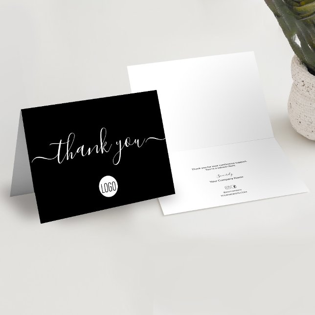 Black Custom Customer Appreciation Professional Thank You Card (Black White, simple, custom logo, business thank you folded card.)