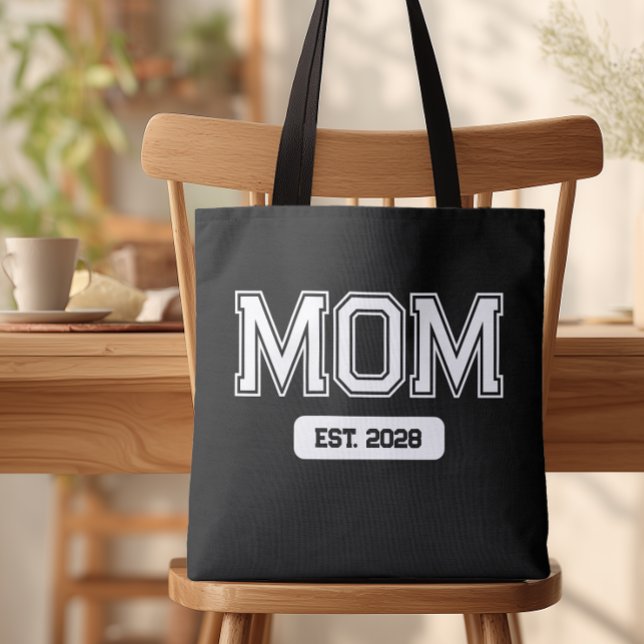 Black Custom Date New Mum Tote Bag (Custom Mom Est. Tote Bag)