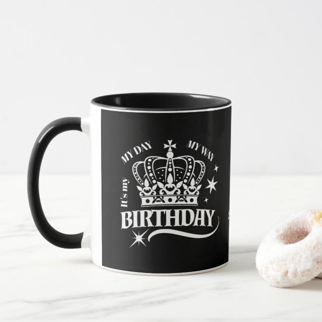 Black Custom Elegant Birthday Crown Typography Mug (With Donut)