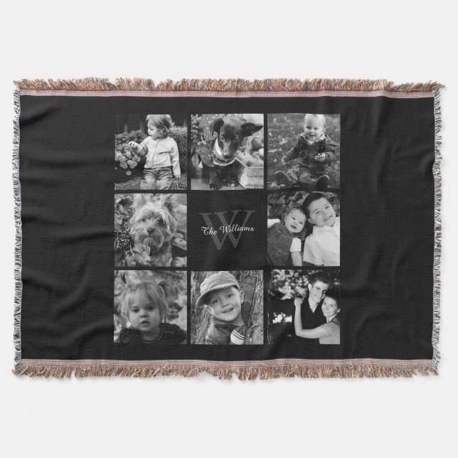Black Custom Family Photo Collage Throw Blanket (Front)