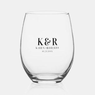 Black Custom Initials Wedding Couple Stemless Wine Glass