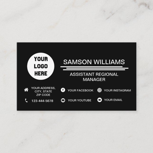Black Custom Logo Minimalist Social Media Icons Business Card (Front)