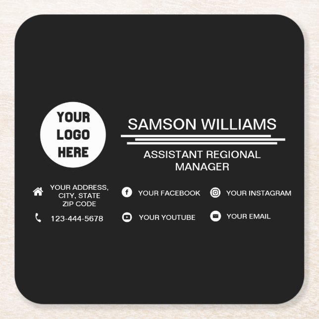 Black Custom Logo Minimalist Social Media Icons Square Paper Coaster (Front)