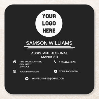 Black Custom Logo Minimalist Social Media Icons Square Paper Coaster