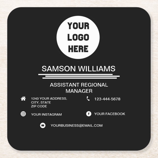 Black Custom Logo Minimalist Social Media Icons Square Paper Coaster (Front)