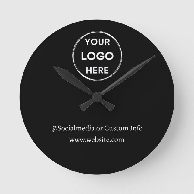 Black Custom Logo Text Modern Minimalist Business Round Clock (Front)
