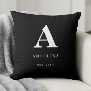 Black Custom Modern Monogram Initial Established Cushion