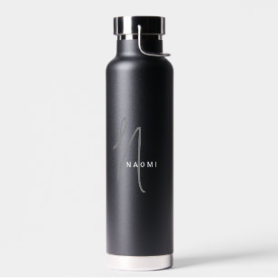 Black   Custom Monogram Script Name Stylish Water Bottle
