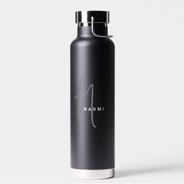 Black | Custom Monogram Script Name Stylish Water Bottle (Left)
