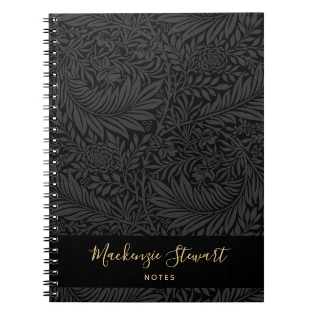 Black Custom Name Floral Pattern Notebook (Front)