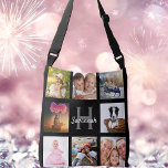 Black custom photo collage monogram name crossbody bag<br><div class="desc">A unique gift for a birthday, Christmas, mother's day, celebrating her life with a collage of 8 of your own photos, pictures. Personalise and add her name and monogram letter. A stylish black background. The name is written with a modern hand lettered style script. Can also be used great treat...</div>