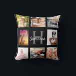 Black custom photo collage monogram name cushion<br><div class="desc">A unique gift for a birthday, Christmas, mother's day, celebrating her life with a collage of 8 of your own photos, pictures. Personalise and add her name and monogram letter. A stylish black background. The name is written with a modern hand lettered style script. Can also be used great treat...</div>