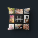Black custom photo collage monogram name cushion<br><div class="desc">A unique gift for a birthday, Christmas, mother's day, celebrating her life with a collage of 8 of your own photos, pictures. Personalise and add her name and monogram letter. A stylish black background. The name is written with a modern hand lettered style script. Can also be used great treat...</div>