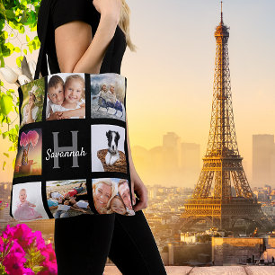Black custom photo collage monogram name tote bag