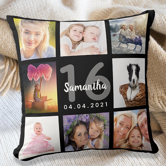 Black custom photo collage Sweet 16 Cushion (Creator Uploaded)