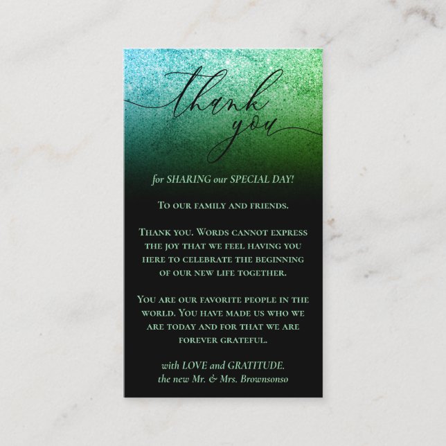 Black Custom Photo Glitz Green Thank You Enclosure Card (Front)