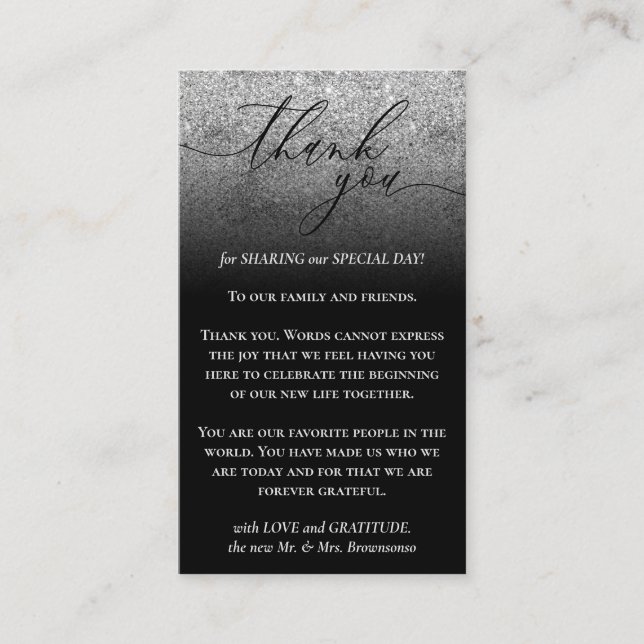 Black Custom Photo Grey Glitz Silver Thank You Enclosure Card (Front)