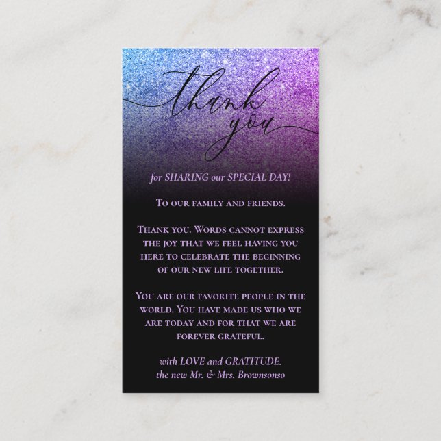 Black Custom Photo Pink Purple Glitz Thank You Enclosure Card (Front)