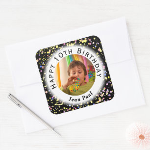 Black Customisable Watercolor Confetti Birthday Square Sticker