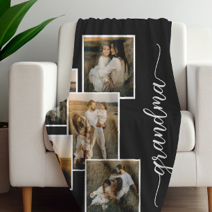 Black Customised Grandma Grandkid 5 Photo Collage Fleece Blanket