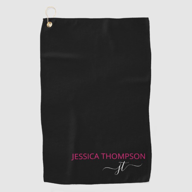 Black Customised Hot Pink Modern Monogram Name Golf Towel (Front)