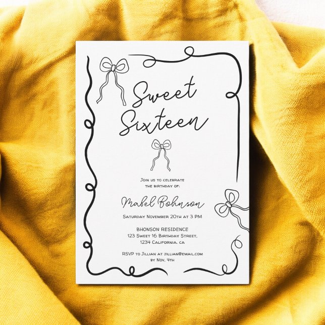 Black cute bows ribbons illustrations Sweet 16 Invitation (Black cute bows ribbons illustrations Sweet 16 Invitation)