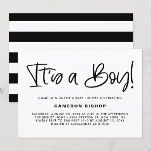 Black Cute Calligraphy It's a Boy Baby Shower Invitation
