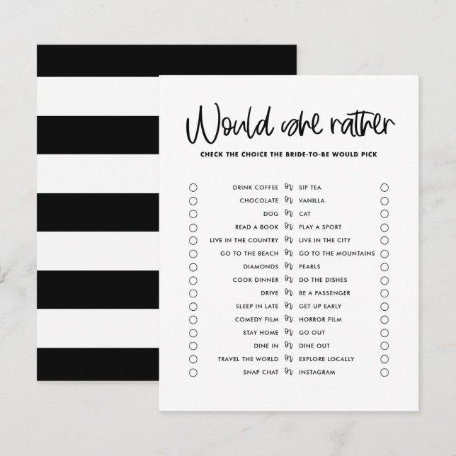 Black Cute Calligraphy Would She Rather Game Invitation (Front/Back)