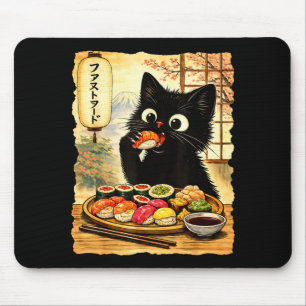 Black cute cat eating sushi kawaii japanese food mouse mat