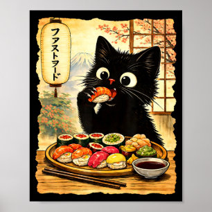 Black cute cat eating sushi kawaii japanese food poster