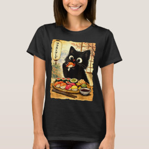Black cute cat eating sushi kawaii japanese food T-Shirt