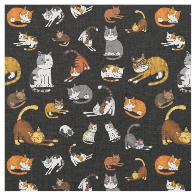 black cute cat pattern design for cat lovers- turq fabric (Close Up)