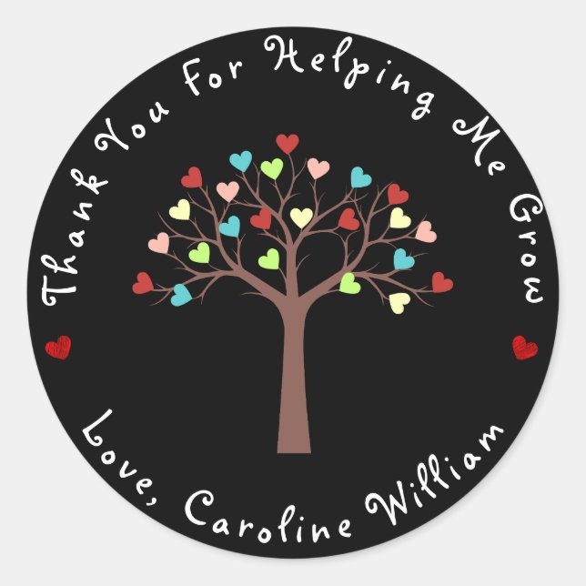 Black | Cute Colourful Hearts Tree Thank You Classic Round Sticker (Front)