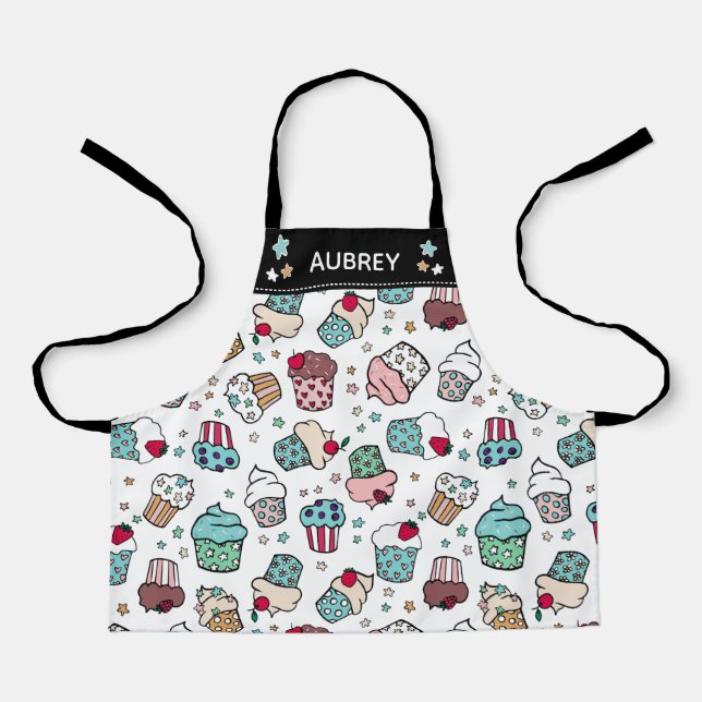 Black Cute Cupcake Pattern Add Name Apron (Front)