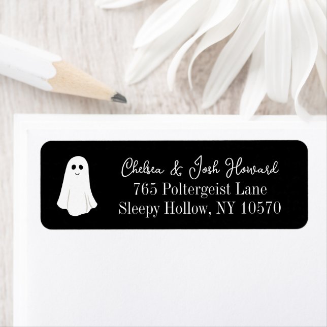 Black Cute Friendly Ghost Halloween Return Address (Insitu)