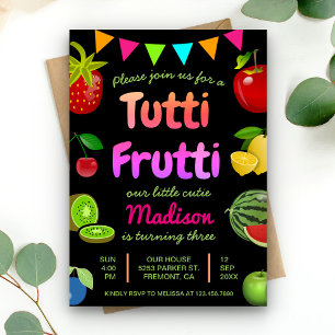 Black Cute Fruits Tutti Frutti Kids Birthday Party Invitation