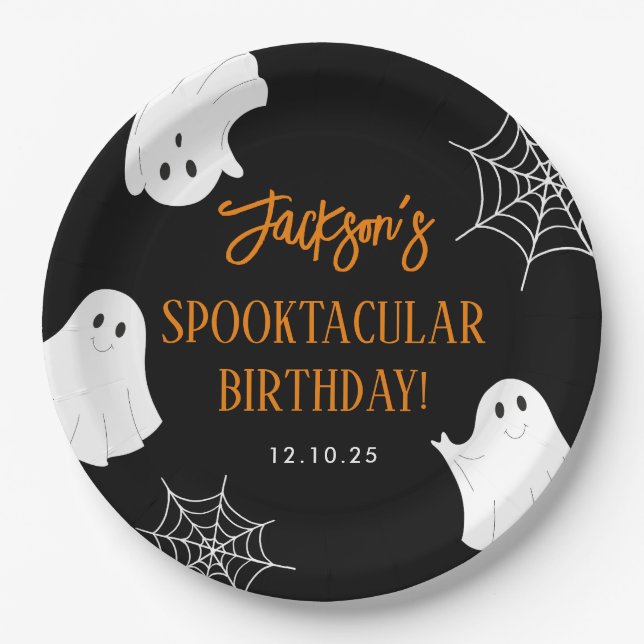 Black Cute Ghost Spooky Halloween Birthday Paper Plate (Front)