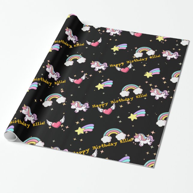 Black Cute Rainbow Unicorn Star Magical Wrapping Paper (Unrolled)
