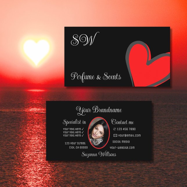Black Cute Red Heart Chic with Monogram and Photo Business Card (Creator Uploaded)