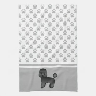 Black Cute Toy Poodle Dog And Grey Paws Pattern Tea Towel