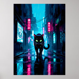 Black Cyberpunk Cat In Neon Rainy City Poster