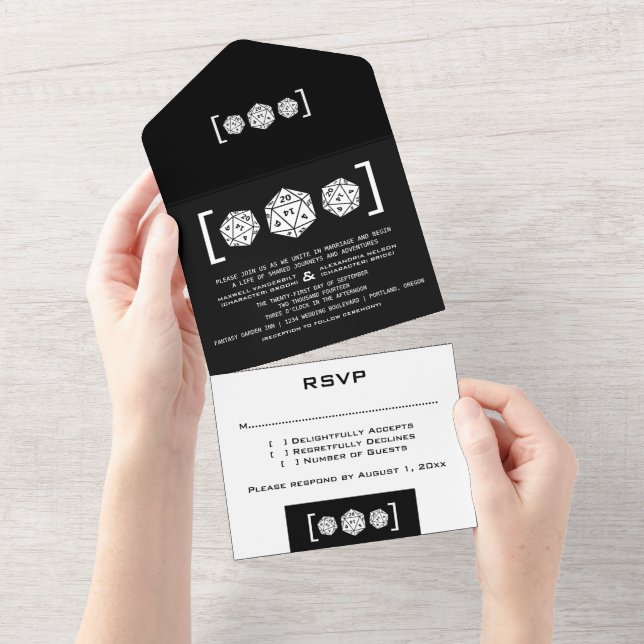 Black D20 Dice Gamer All in One Wedding Invite (Tearaway)
