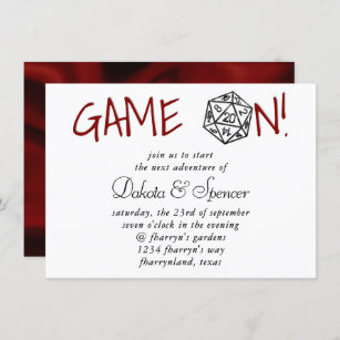 Black D20 Game On   Red Fantasy RPG Dice Wedding Invitation