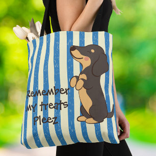 Black Dachshund Begging for Treats Blue Stipes Tote Bag