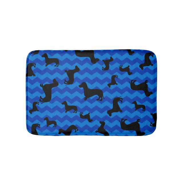 Black dachshund blue chevrons bath mat (Front)