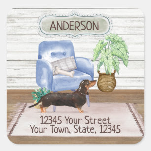 Black Dachshund Cosy New Home Address Square Sticker