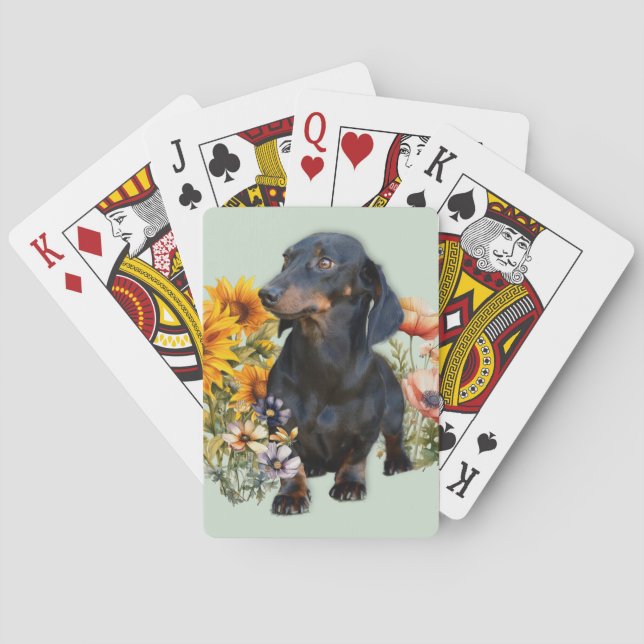 Black Dachshund Dog in Wildflowers Playing Cards (Back)