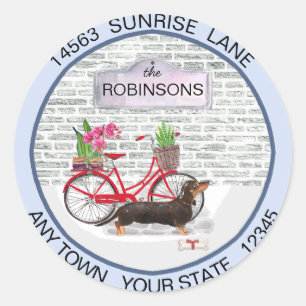 Black Dachshund Dog Moving Bicycle New Address Classic Round Sticker