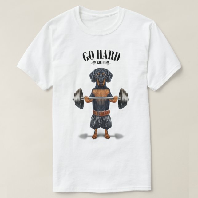 Black Dachshund Dog Muscle Training Weightlifting  T-Shirt (Design Front)